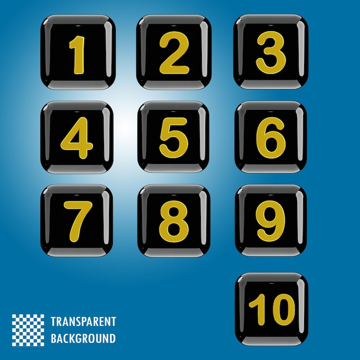 PSD numbers 1 to 10 on black square buttons