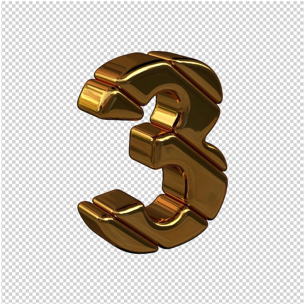 Numbers made of gold bars turned to the right on a transparent background. 3d number 3