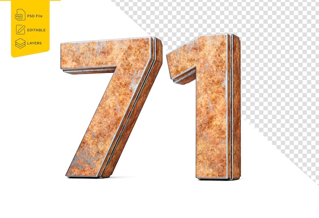 Numer siedemdziesiąt jeden 71 cyfra wykonana ze starego zardzewiałego żelaza metal tekstura białe tło ilustracja 3d