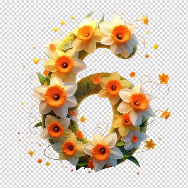 PSD numer wykonany z kwiatów i numer z numerem napisanym żółtym i pomarańczowym
