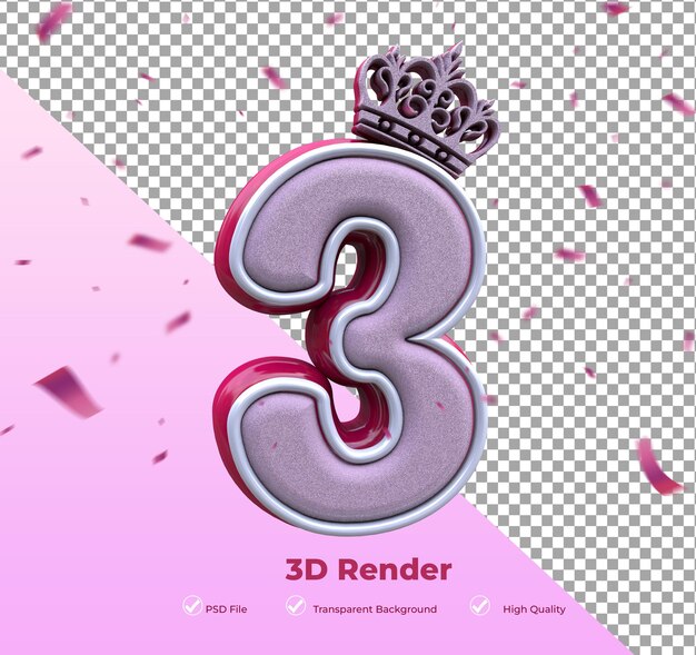 Numero 3 3d Render Rosado Con Borde Blanco Kolor Różowy E Błyszczący Y Una Corona Delicada Aniversario