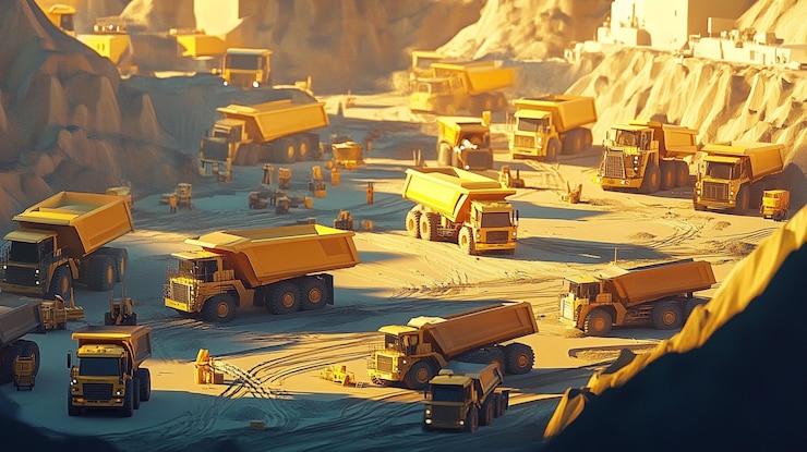 PSD numerous yellow dump trucks at a quarry during sunset