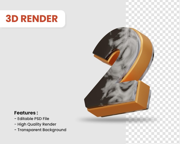 Nummer 2 3d render geïsoleerd met zwart wit marmer texture