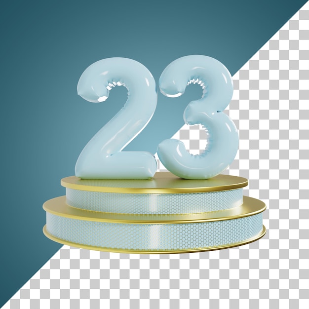 Nummer 23 cyaan glanzend nummer met podium 3d illustratie