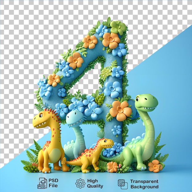 Nummer 4 met dinosaurus cartoon stijl geïsoleerd op transparante achtergrond inclusief png-bestand