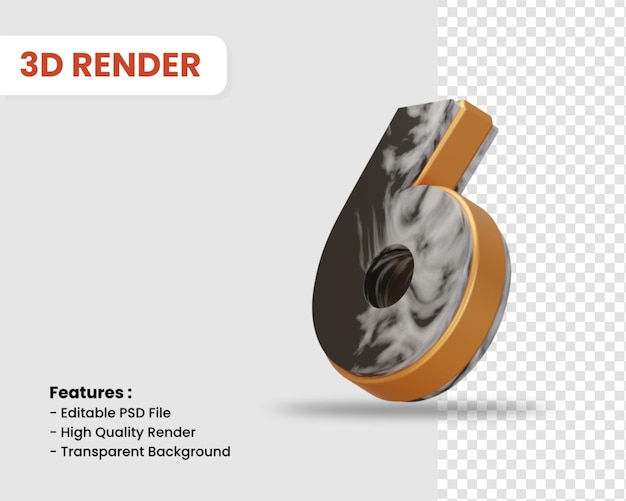 PSD nummer 6 3d render geïsoleerd met zwart wit marmer texture