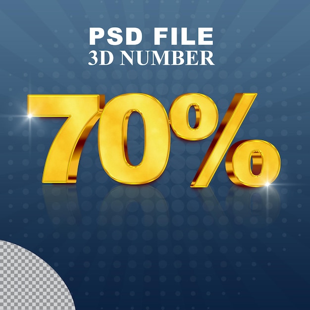 PSD nummer 70 procent 3d render-collectie met kleur goud