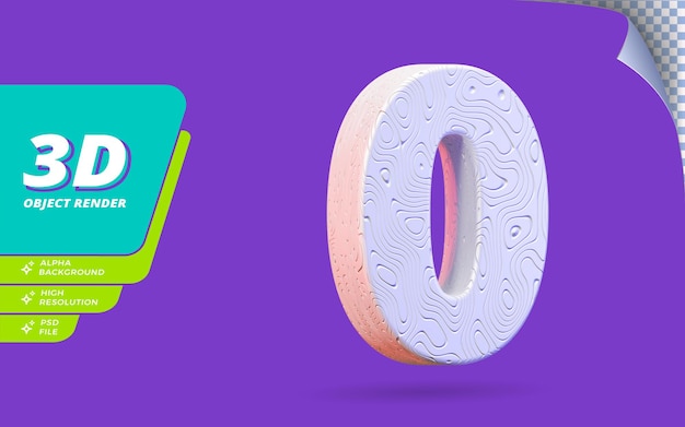 Nummer nul, nummer 0 in 3D render geïsoleerd met abstracte topografische witte golvende textuur ontwerp illustratie