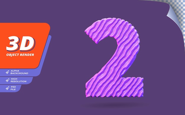 Nummer twee, nummer 2 in 3d render geïsoleerd met abstracte topografische paarse draad textuur ontwerp illustratie