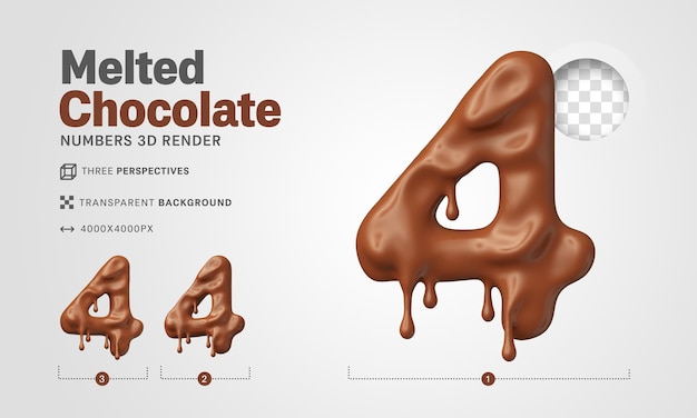 Nummer vier 4 in gesmolten chocolade 3d render realistisch voor paascomposities