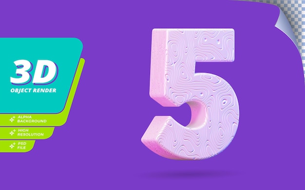 Nummer vijf, nummer 5 in 3D render geïsoleerd met abstracte topografische witte golvende textuur ontwerp illustratie