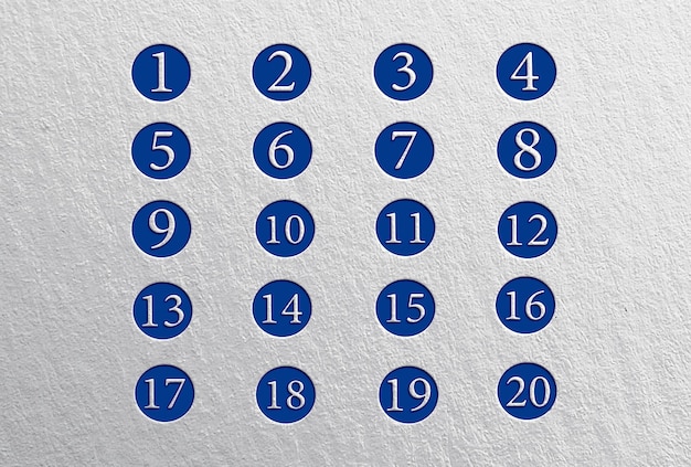 Nummers 1 tot en met 20 in blauwe cirkels