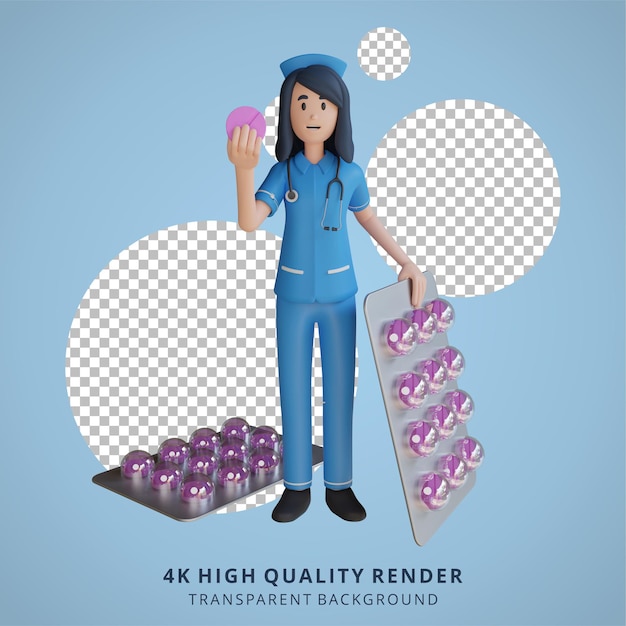 PSD nurse holding medicine tablets 3d character illustration