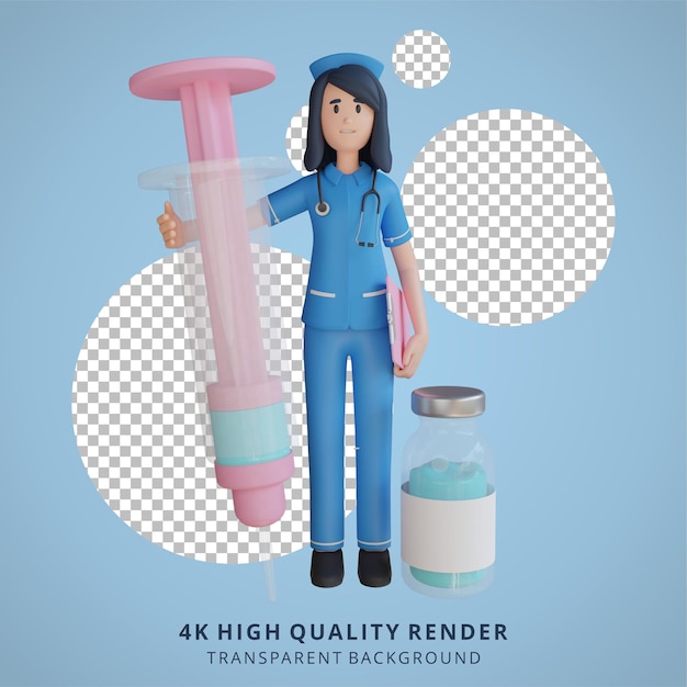 PSD nurse holding a vaccine 3d character illustration