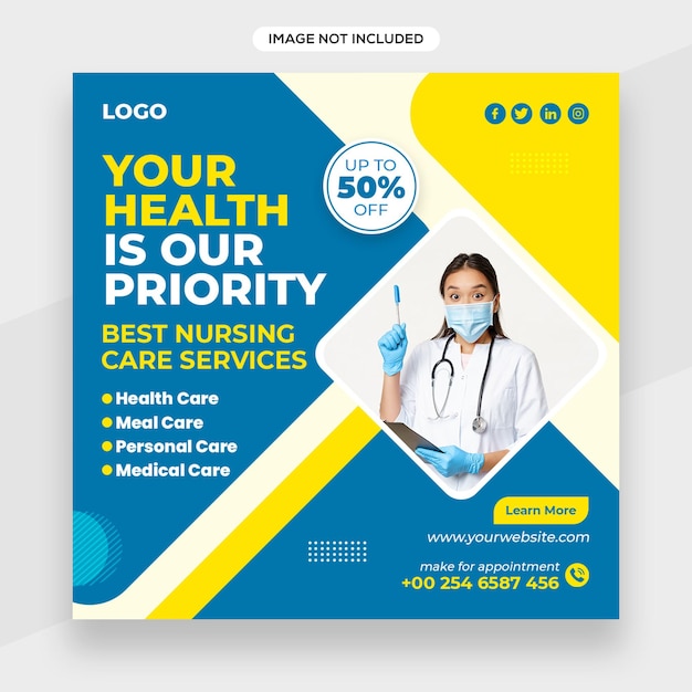 Nurse related social media post banner or square flyer template or facebook cover template