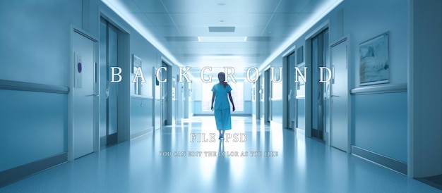 PSD the nurse walks down the hospital hallway blue light