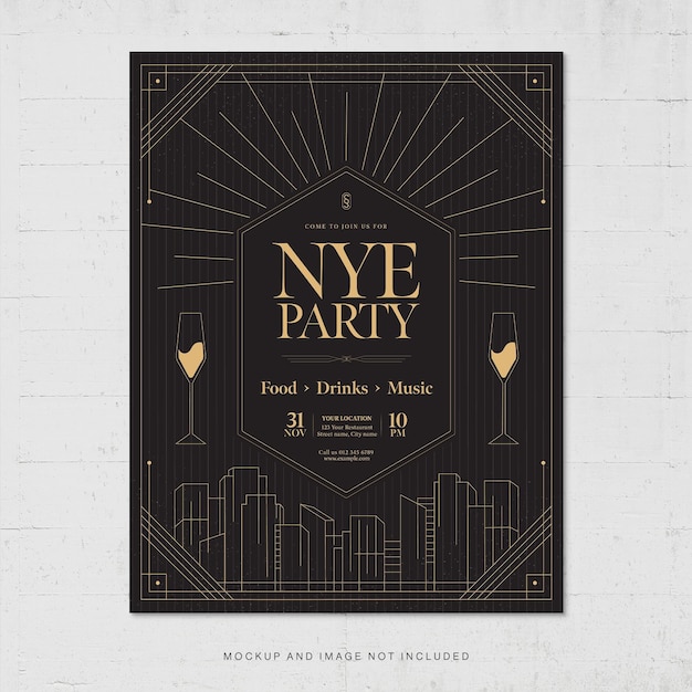 NYE Party New Year 전단지 템플릿 사진 속 블랙 테마의 바 레스토랑을 위한 현대적인 아르데코