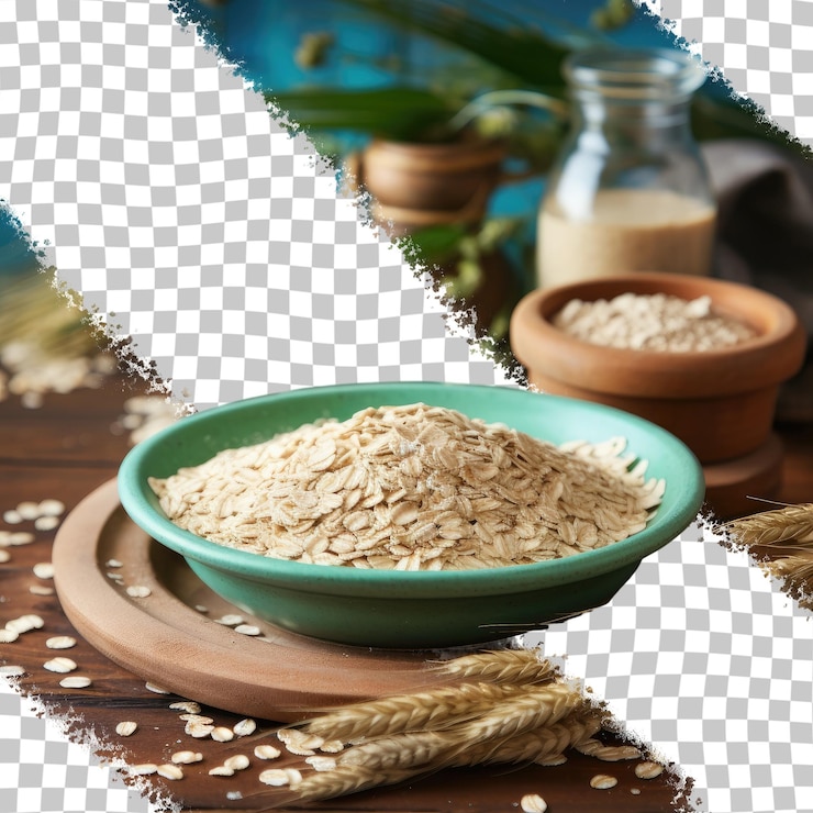 PSD oat flakes pouring out of wooden plate on a transparent background closeup