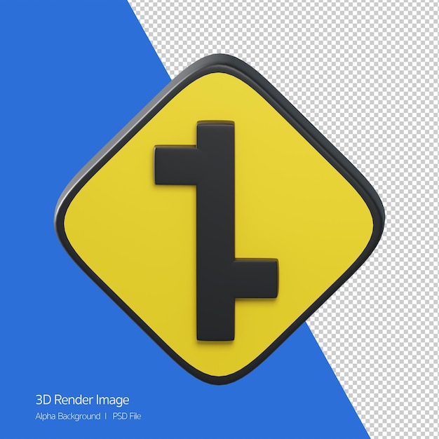 PSD obiekt 3d rendering znak drogowy. skrzyżowanie z odsuniętą drogą, lewe i prawe