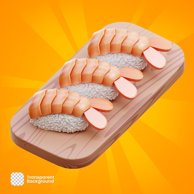 PSD obiekt renderowania 3d japońskie krewetki sushi na płycie drewnianej png transparent premium psd premium psd