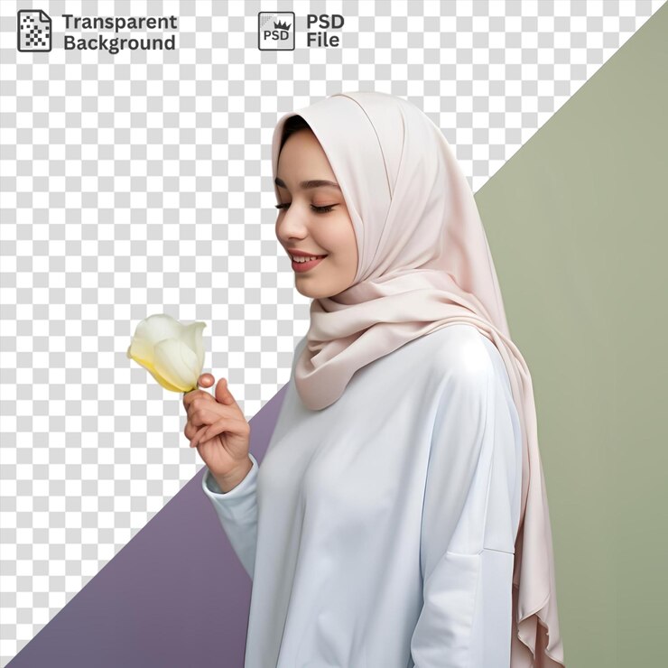 PSD object isolated a woman holding a yellow and white flower in her hand standing in front of a purple wall with a white sleeve visible in the background
