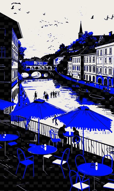 PSD obraz mostu i rzeki z niebieskim parasolem