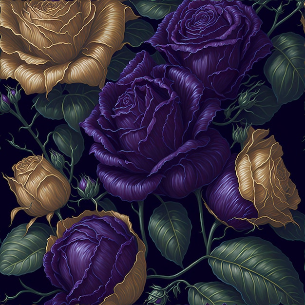 PSD obraz olejowy z kolorowymi zimowymi różami i jagodami na bogatym fioletowym i złotym tle