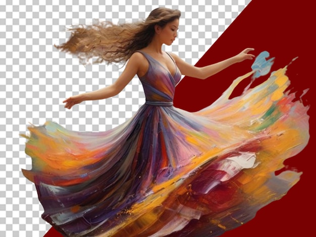 PSD obraz przedstawiający kobietę w długiej, wielobarwnej sukience i tańczącą