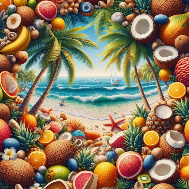 PSD obraz sceny plażowej z wieloma różnymi owocami i kokosami