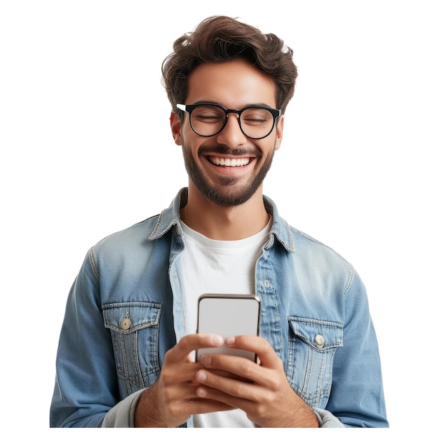 Obraz Uśmiechniętego Młodego Mężczyzny W Okularach Z Telefonem Komórkowym