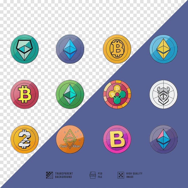 PSD obrazy różnych logo kryptowalut, takich jak bitcoin, bez tła w jakości hd