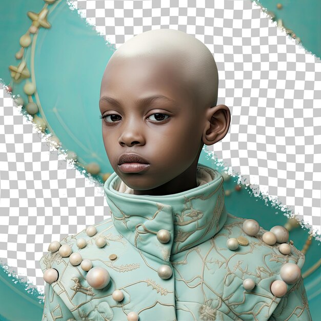 PSD oburzony malutki astronom łysy afrykański chłopiec pozuje w stylu jednego ramienia do przodu na pastelowym turkusowym tle