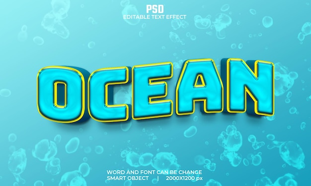 Синий цвет океана 3d редактируемый текстовый эффект premium psd с фоном