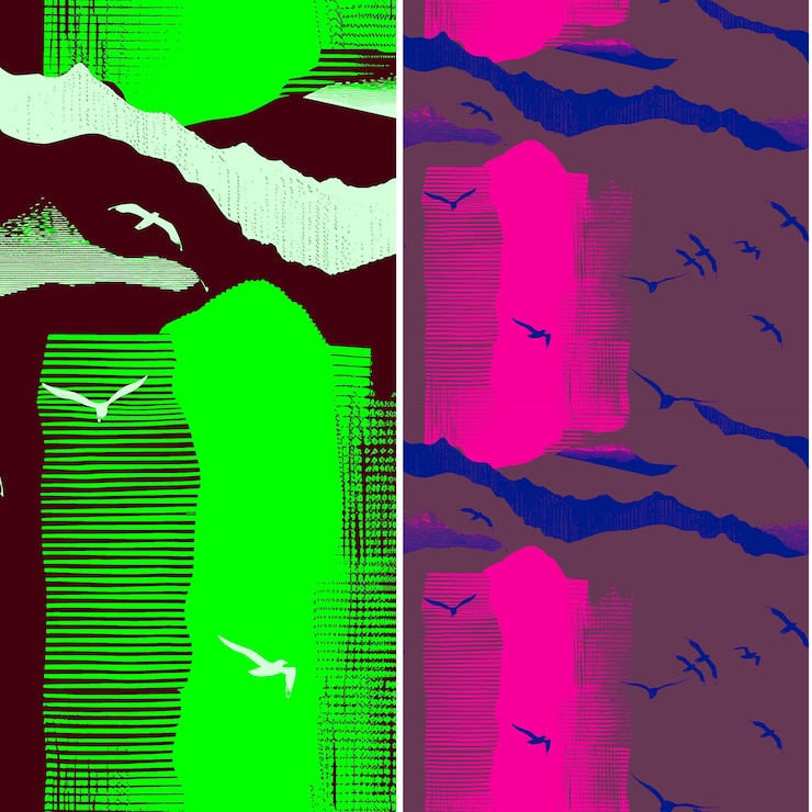 PSD ocean cliff with seabird silhouette arranged in a dramatic p nature pattern vector designs