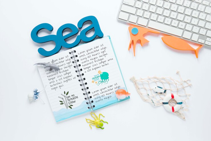PSD ocean day notebook and keyboard concept