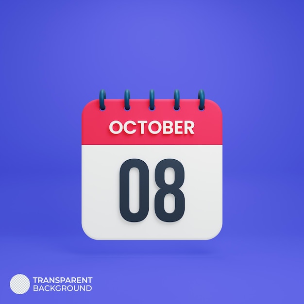 October Realistic Calendar Icon 3D Rendered October 08