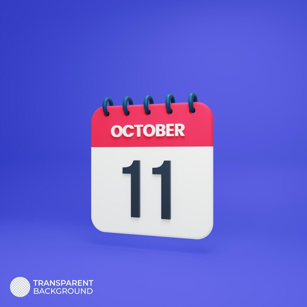 Icona del calendario realistico di ottobre 3d resa l'11 ottobre