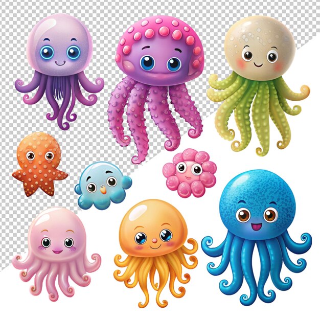 Octopus and jellyfish on transparent background