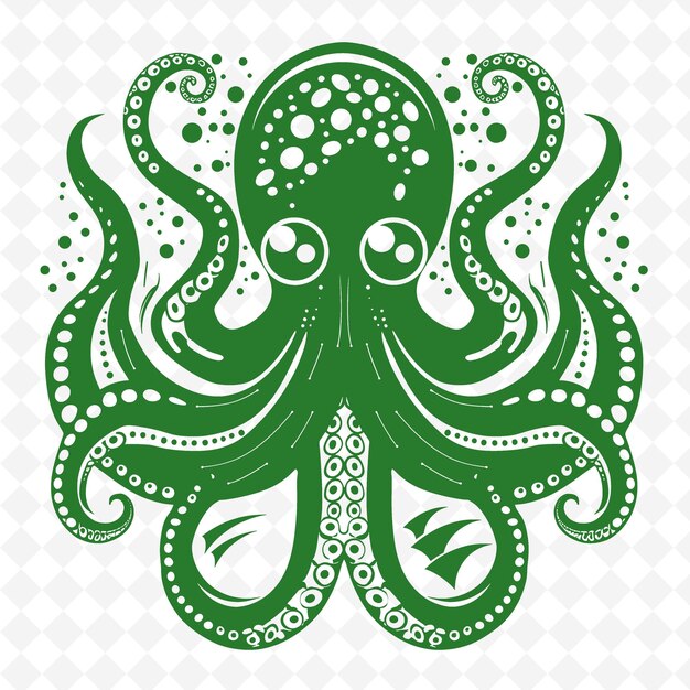 PSD octopus line art with nautical elements and waves for decora outline scribble arts of nature decor