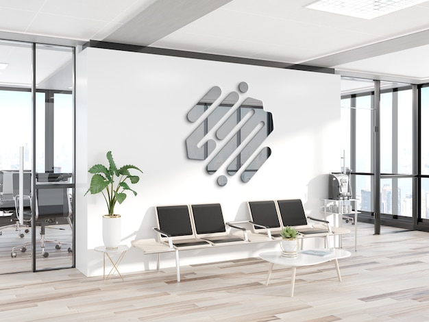 Odblaskowe metalowe logo na ścianie biura. Makieta