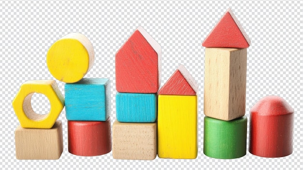 Odkryj kreatywną zabawę z zestawem drewnianych bloków zabawek izolowanych na białym Perfect for educational activities and child development