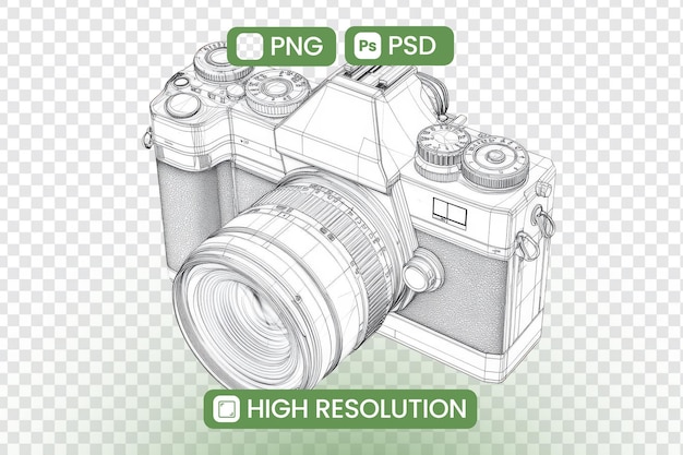 Odkryj skomplikowany projekt klasycznego aparatu fotograficznego Szczegółowy model 3D Wireframe HighResolution PNG i pliki PSD dostępne do pobrania Kreatywna inspiracja dla projektantów graficznych i fotografów