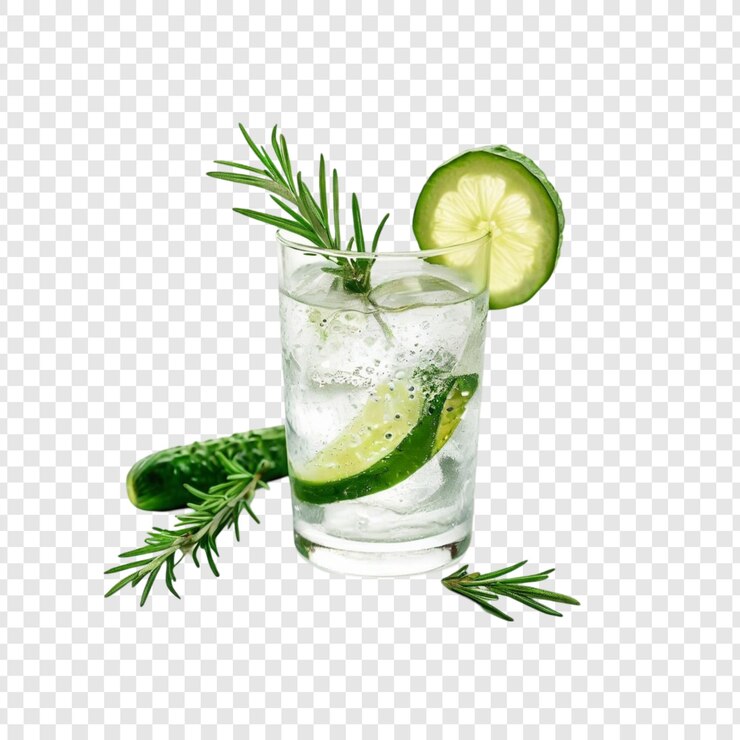PSD odświeżający ogórek, rozmarynka, limonada, gin, napój z kostkami lodu.