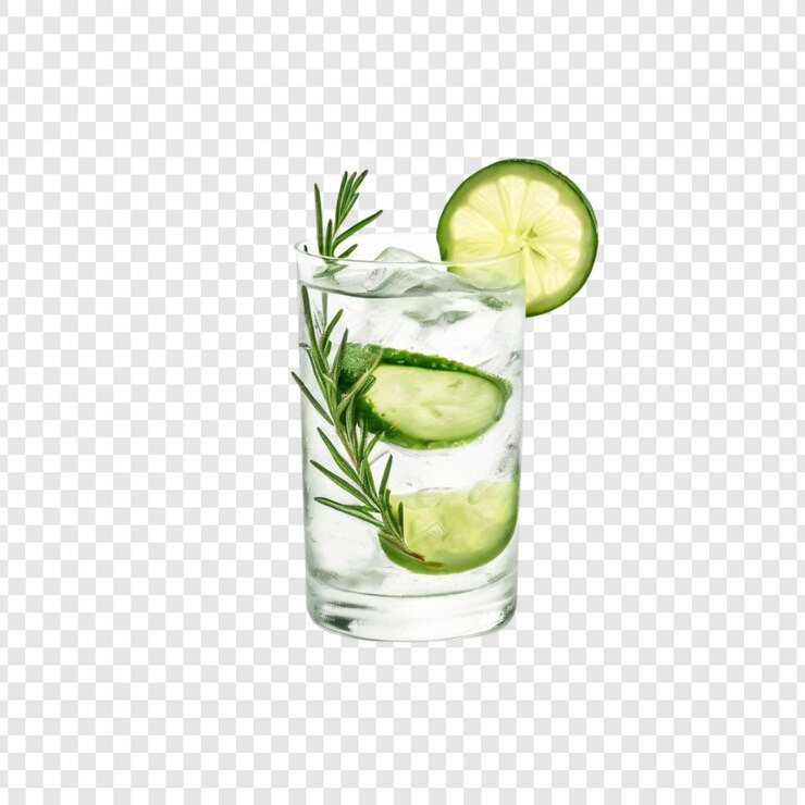 PSD odświeżający ogórek, rozmarynka, limonada, gin, napój z kostkami lodu.