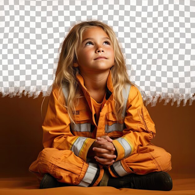 PSD odważne azjatyckie dziecko blond strażak pozuje na mandarynce