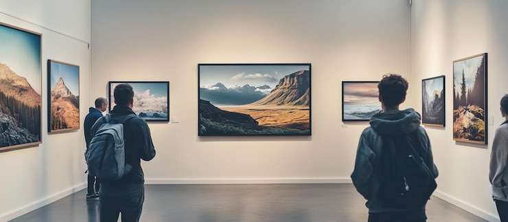 PSD odwiedzający obserwują fotografię krajobrazu w galerii sztuki