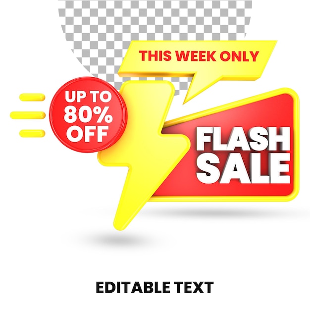 PSD oferta sprzedaży flash edytowalny tekst z czerwonym i żółtym pudełkiem prezentowym z niespodzianką renderowania 3d na białym tle
