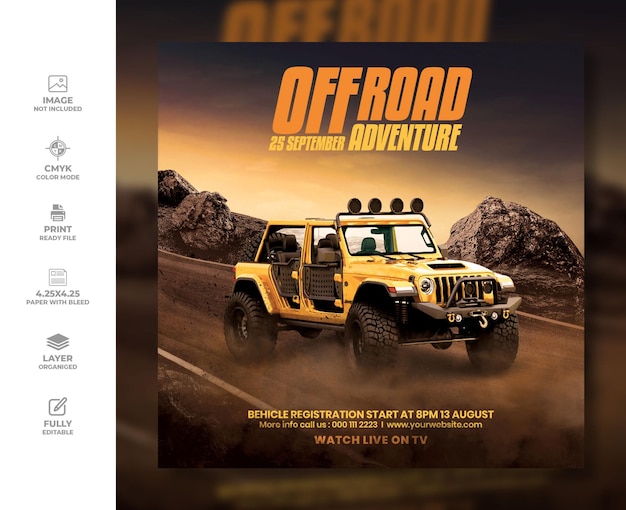 Flyer di avventura off-road e modello di progettazione di post su instagram