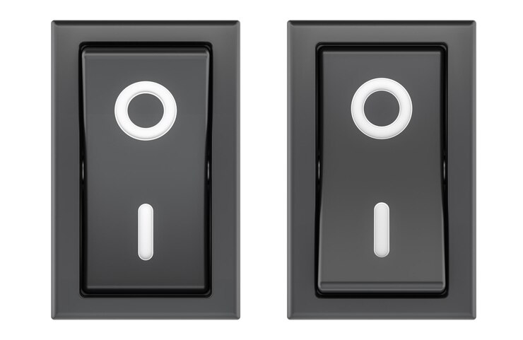 PSD on and off switch black rocker front view 3d rendering isolated on transparent background