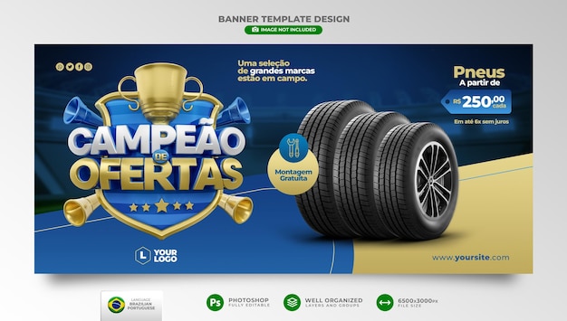 Offerta banner champion world cup in 3d render per la campagna di marketing brasiliana in portoghese